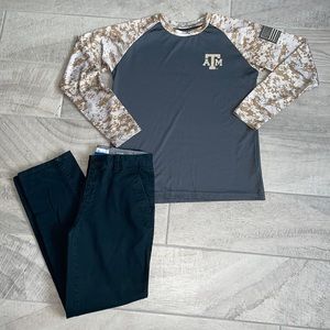 A&M Longsleeve Camo Raglan Top w/Black Slacks, Boys L/14